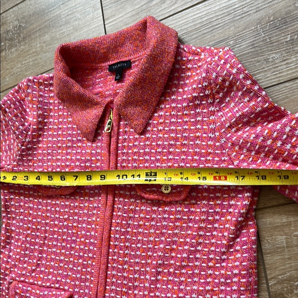 Talbots Pink White and Orange Tweed Sweater Jacket with Gold Accents Size S - Picture 8 of 11